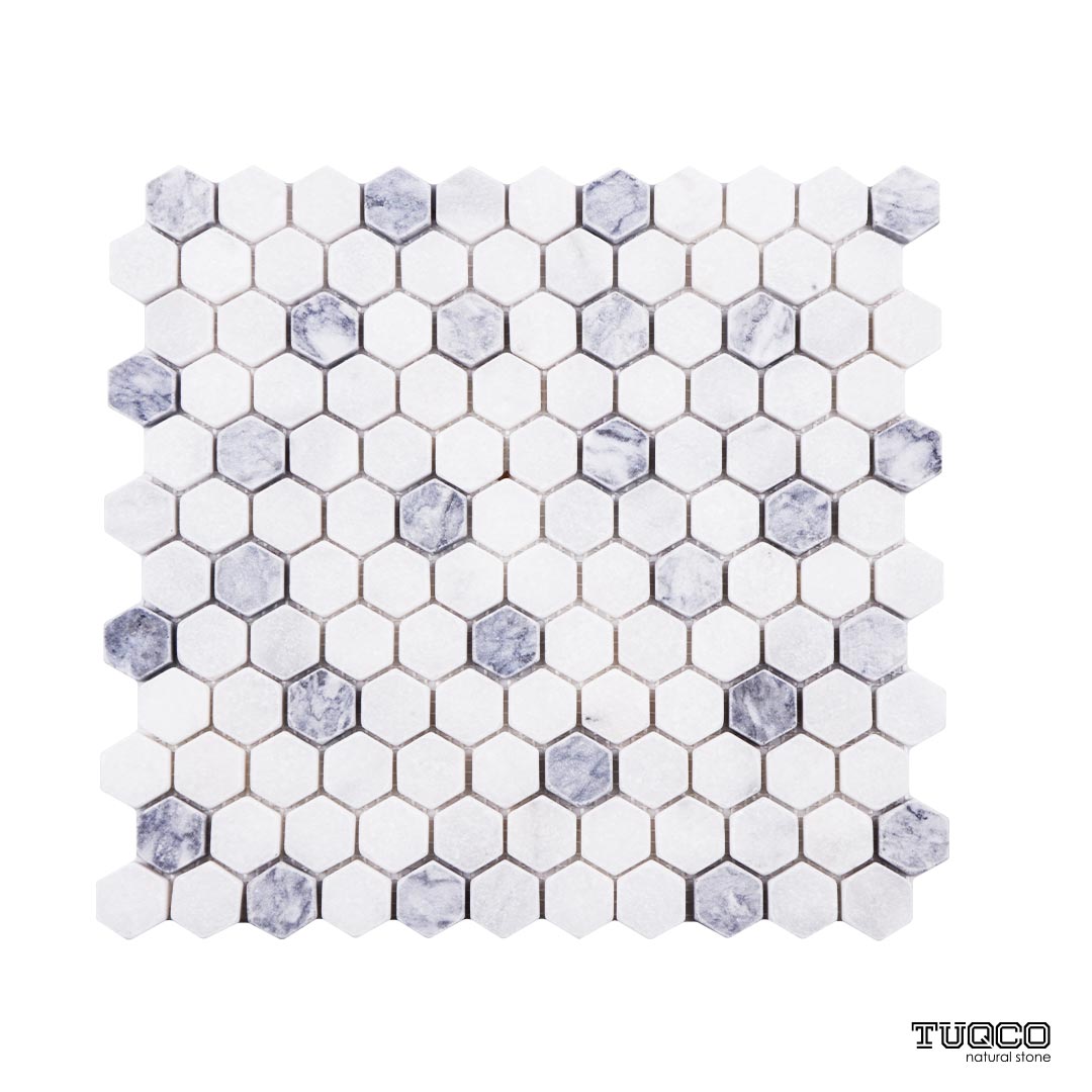 Tuqco Doğal Taş 1 inch Fileli Hexagon Muğla Beyazı - Gümüş Eskitme Mermer Mozaik Banyo Mutfak Tezgah Arası Duvar Kaplama Döşeme Paneli