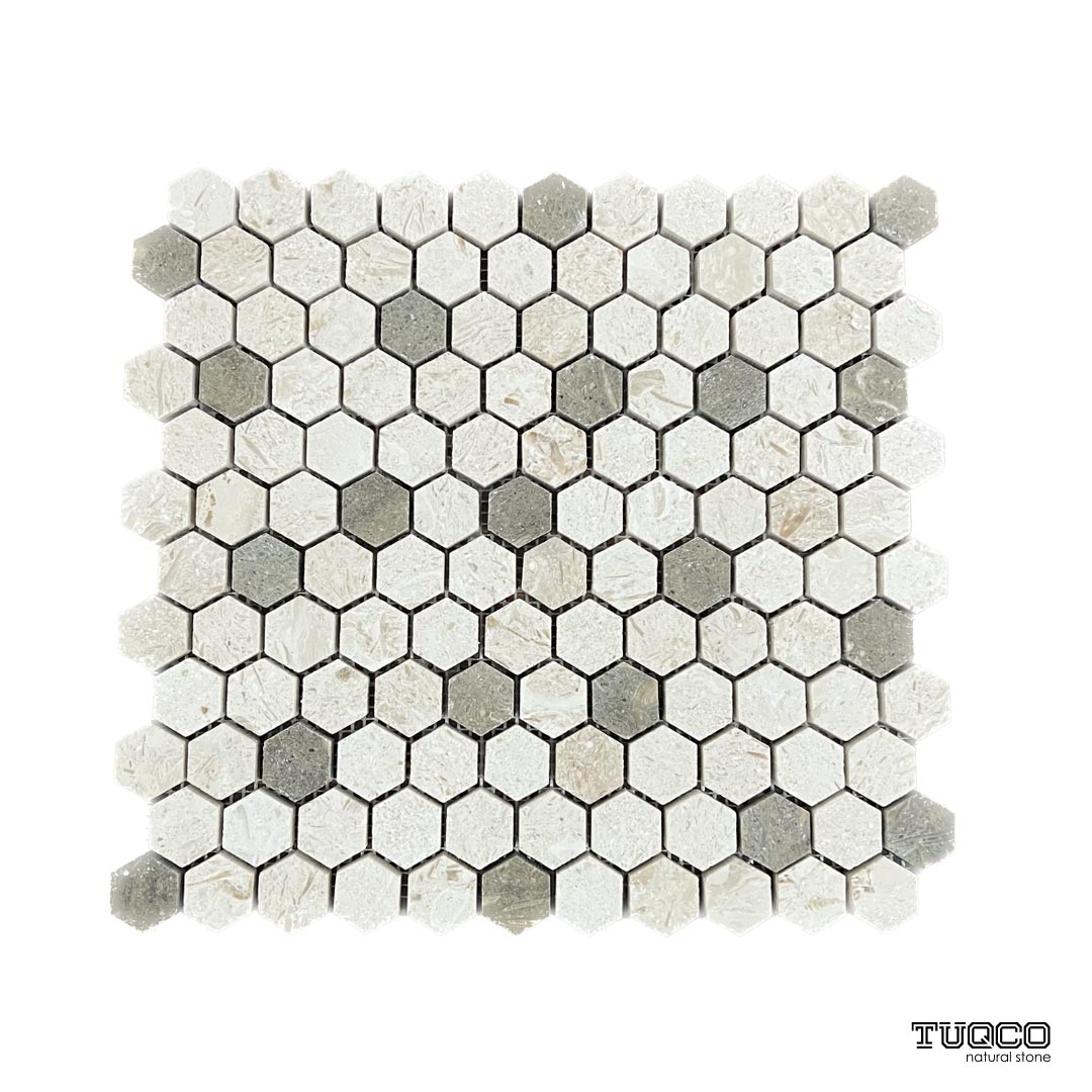 TUQCO Doğaltaş 1’’ Hexagon Myra - Rustik Yeşil Fırçalı Traverten Mozaik