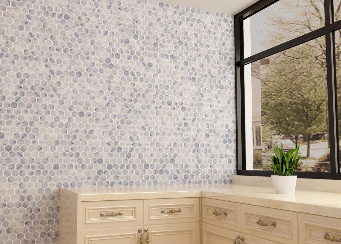 Tuqco Doğal Taş 1 inch Fileli Hexagon Carrara Eskitme Mermer Mozaik Banyo Mutfak Tezgah Arası Duvar Kaplama Döşeme Paneli