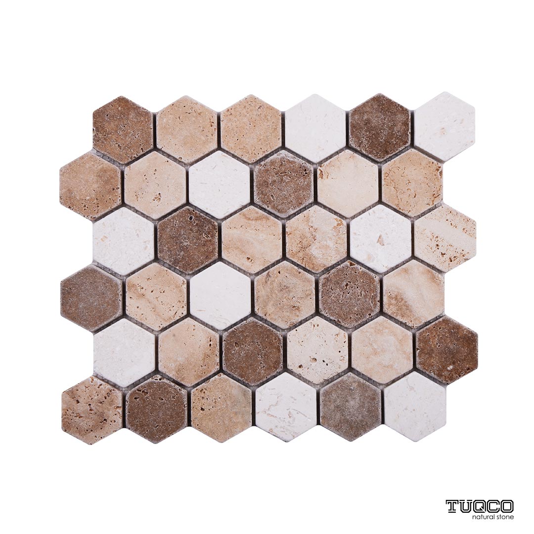 Tuqco Doğal Taş 2 inch Fileli Hexagon Traverten Mix Eskitme Mermer Mozaik Banyo Mutfak Tezgah Arası Duvar Kaplama Döşeme Paneli