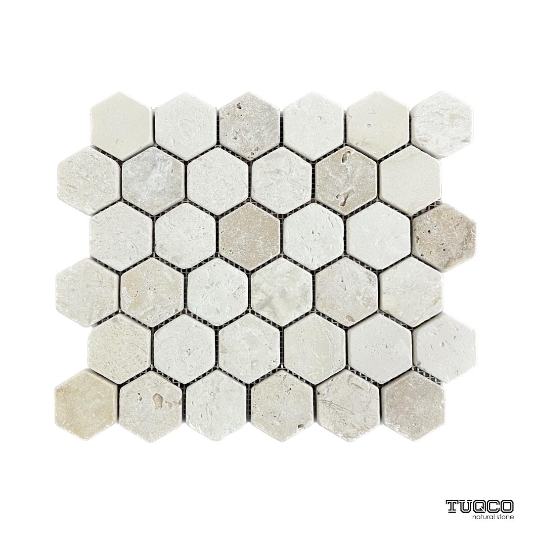 TUQCO Doğaltaş 2’’ Hexagon Myra -Rustik Eskitme Traverten Mozaik