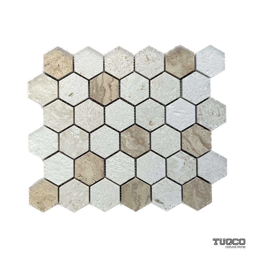 TUQCO Doğaltaş 2’’ Hexagon Myra -Valencia Fırçalı Traverten Mozaik