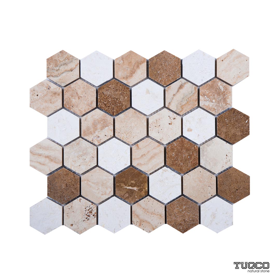 Tuqco Doğal Taş 2 inch fileli Hexagon Traverten Mix Honlu Mermer Mozaik Banyo Mutfak Tezgah Arası Duvar Kaplama Döşeme Paneli