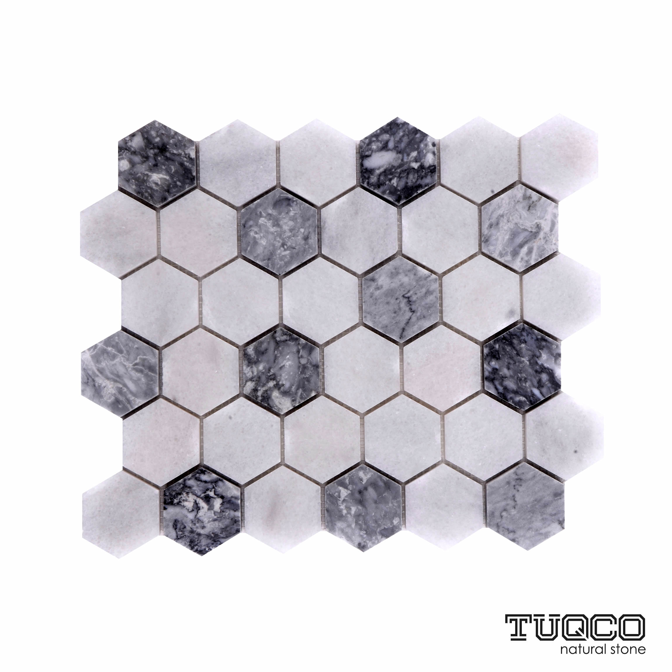 Tuqco Doğal Taş 2 inch Fileli Hexagon Muğla Beyazı - Gümüş Honlu Mermer Mozaik Banyo Mutfak Tezgah Arası Duvar Kaplama Döşeme Paneli