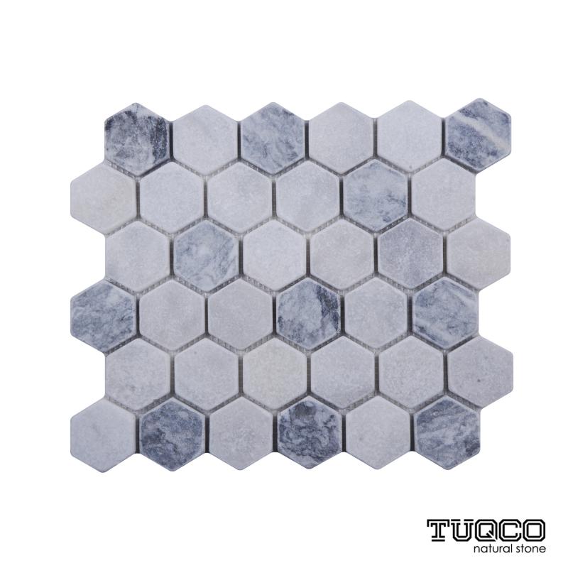 Tuqco Doğal Taş 2 inch Fileli Hexagon Muğla Beyazı - Gümüş Eskitme Mermer Mozaik Banyo Mutfak Tezgah Arası Duvar Kaplama Döşeme Paneli