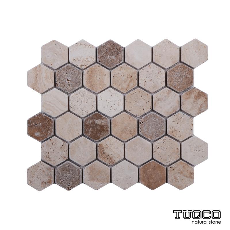 Tuqco Doğal Taş 2 inch Fileli Hexagon Traverten 2’li Mix Eskitme Mermer Mozaik Banyo Mutfak Tezgah Arası Duvar Kaplama Döşeme Paneli