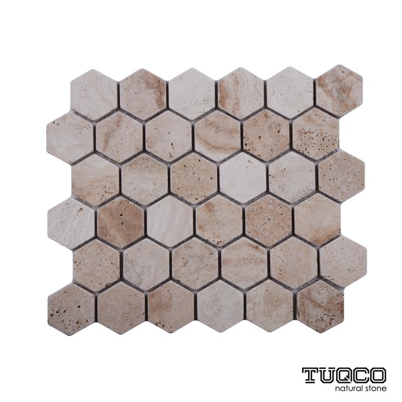 Tuqco Doğal Taş 2 inch Fileli Hexagon Traverten Valencia Eskitme Mermer Mozaik Banyo Mutfak Tezgah Arası Duvar Kaplama Döşeme Paneli