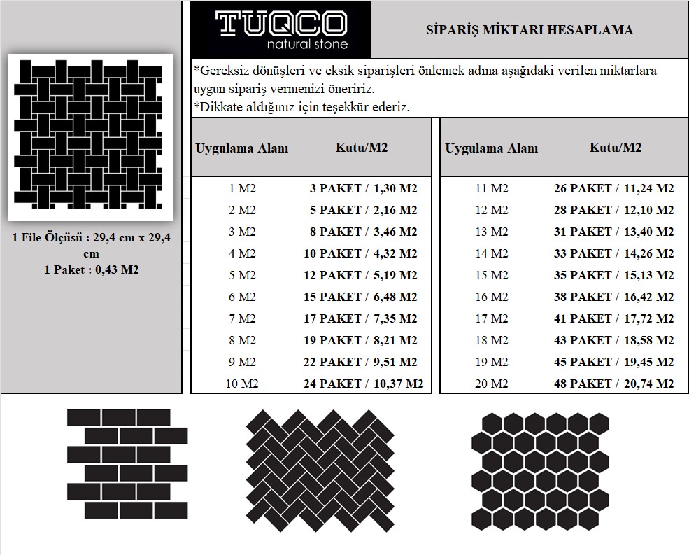 TUQCO Doğaltaş Basket Weave Muğla B. - Gri Cilalı Mermer Mozaik