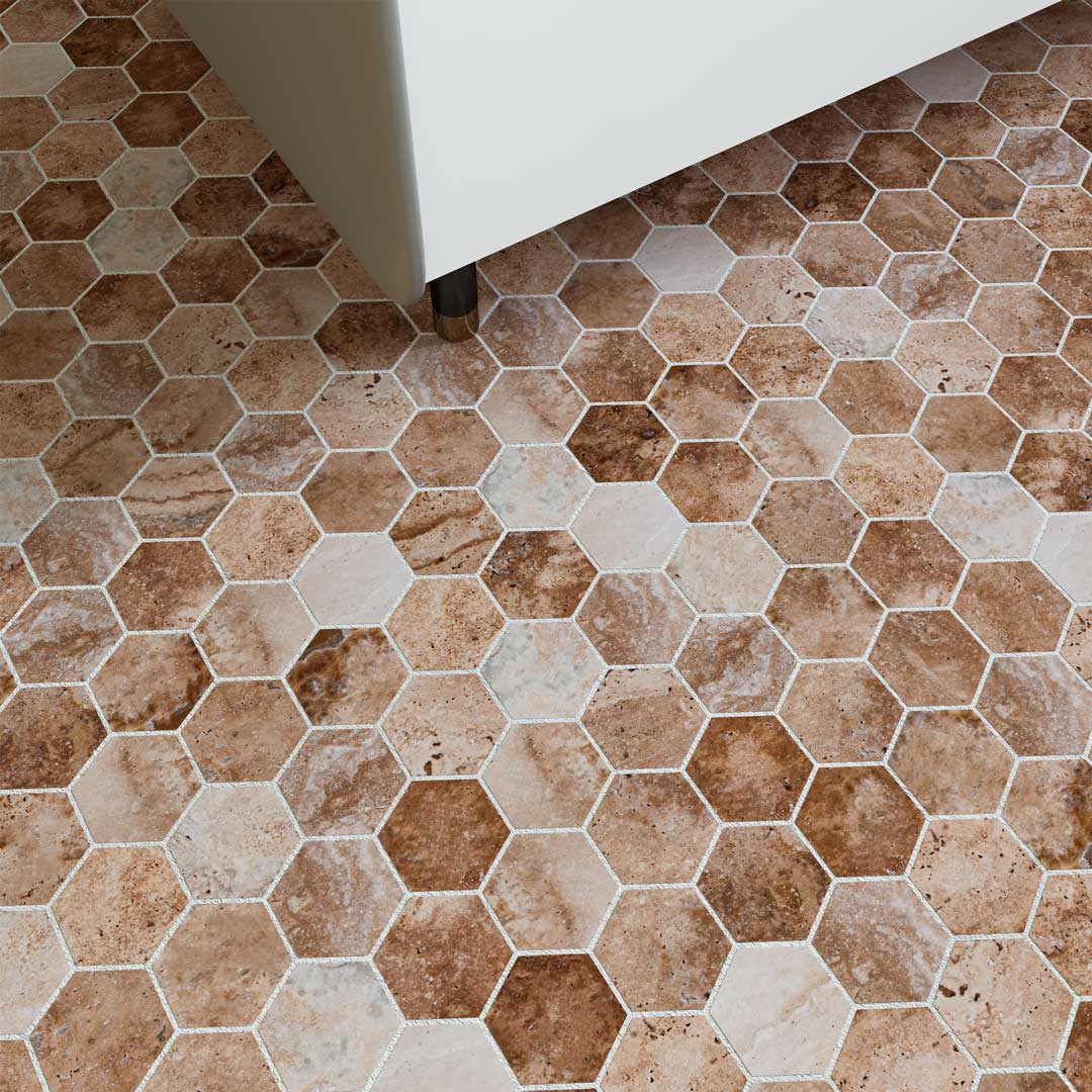 Tuqco Doğal Taş 2 inch Fileli Hexagon Traverten Valencia Honlu Mermer Mozaik Banyo Mutfak Tezgah Arası Duvar Kaplama Döşeme Paneli