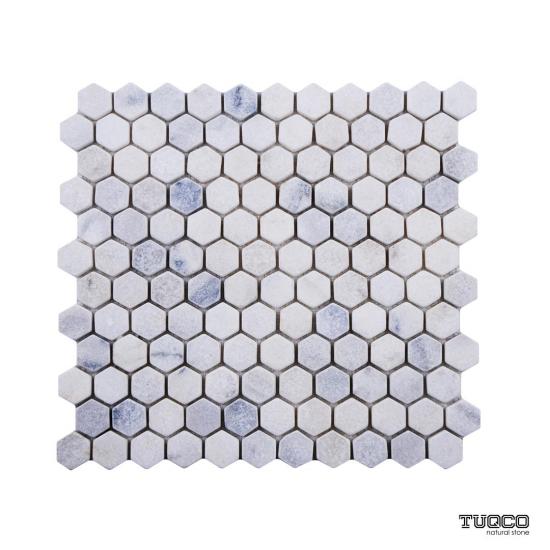 TUQCO Doğaltaş Fileli 1’’ Hexagon Carrara Eskitme Mermer Mozaik