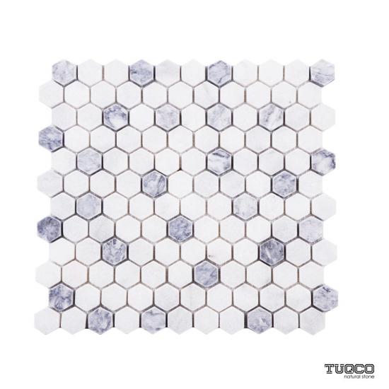 Tuqco 1’’ Hexagon Muğla Beyazı-Gümüş Eskitme Mermer Mozaik