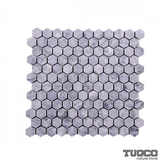 TUQCO Doğaltaş Fileli 1’’ Hexagon Gümüş Eskitme Mermer Mozaik