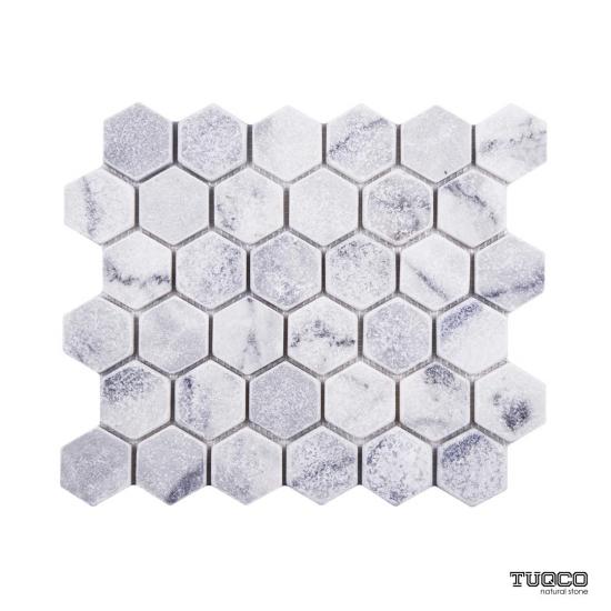 TUQCO Doğaltaş Fileli 2’’ Hexagon Carrara Eskitme Mermer Mozaik