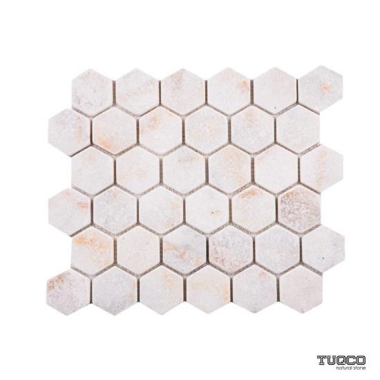 TUQCO Doğaltaş Fileli 2’’ Hexagon Golden Eskitme Mermer Mozaik