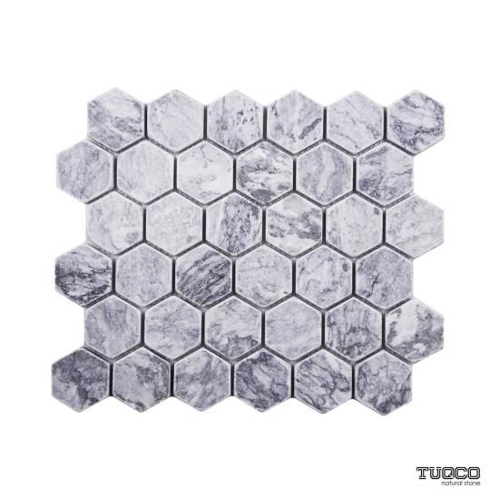 TUQCO Doğaltaş Fileli 2’’ Hexagon Gümüş  Eskitme Mermer Mozaik