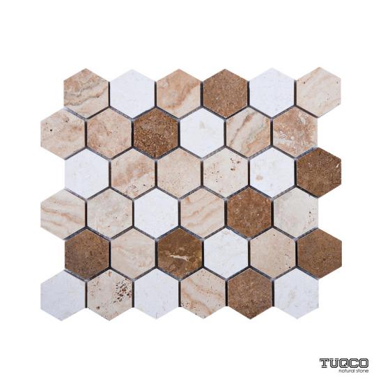 TUQCO Doğaltaş Fileli 2’’ Hexagon Traverten Mix Honlu Mermer Mozaik