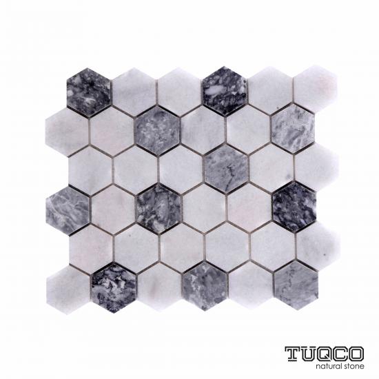 TUQCO Doğaltaş Fileli 2’’ Hexagon Muğla B. - Gümüş Honlu Mermer Mozaik