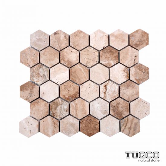 TUQCO Doğaltaş Fileli 2’’ Hexagon Traverten Valencia Honlu Mermer Mozaik