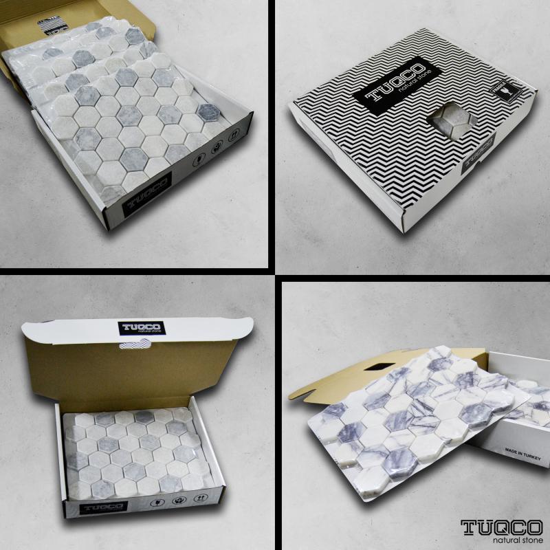 Tuqco Doğal Taş Fileli 5cm x 10cm Carrara Eskitme Mermer Mozaik Banyo Mutfak Tezgah Arası Duvar Kaplama Döşeme Paneli